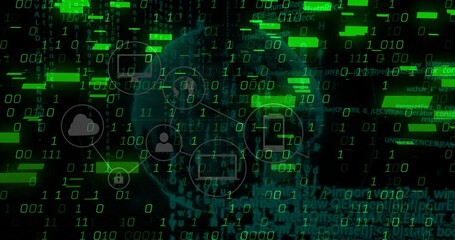 Poster - Overlaying globe, animation of digital data and binary code with technology icons