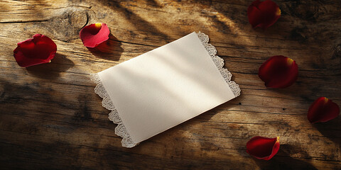 Poster - Beige card with lace trim on rustic wood background, surrounded by rose petals.  Suggests romance, invitation, or Valentine's Day message
