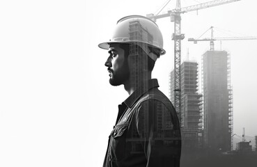 Poster - Engineer wearing hard hat against construction site background with buildings, cranes. Double exposure tech, modern architecture concept. Pro civil engineer, architecture, urban development,