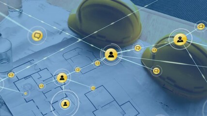 Poster - Construction helmets and digital network icons overlaying blueprints in animation