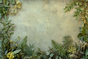 Aufkleber - Green foliage frame surrounds a textured pale green background, offering free space ideal for text or product display, symbolizing nature, growth, and freshness
