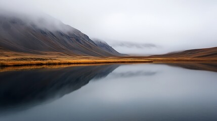 Poster - Serene Landscape Reflection in Calm Water Surrounded by Mysterious Mountains and Fog : Generative AI