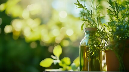 Poster - Elegant glass bottle filled with olive oil surrounded by fresh herbs in a sunny garden setup : Generative AI