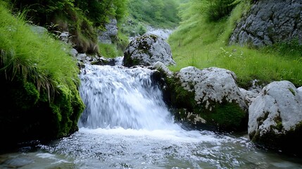 Poster - Serene view of a peaceful stream cascading through lush green vegetation : Generative AI