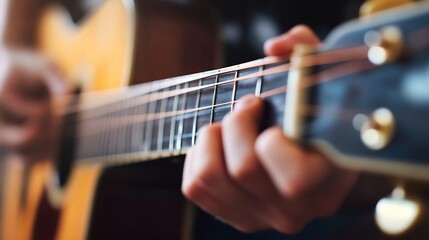 Poster - Closeup of hands playing guitar focusing on the strings and craftsmanship in a warm lighting setup : Generative AI