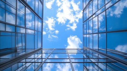 Poster - Looking Up Through Modern Glass Buildings Towards a Bright Blue Sky with White Clouds : Generative AI