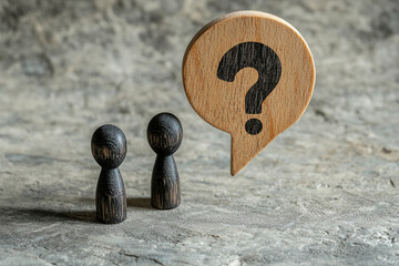 Poster - Two dark wooden figures face a wooden question mark speech bubble, suggesting uncertainty or a question needing answers, ideal for problem-solving or decision-making concepts