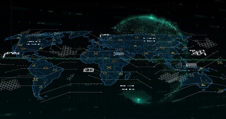 Poster - Animation of digital world map with data points and network connections on globe