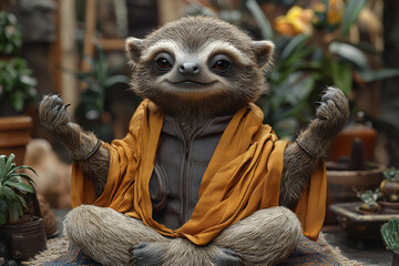 Poster - Sloth dressed as yoga instructor teaching poses slowly but effectively demonstrating mindfulness techniques. Concept of slow living philosophy.