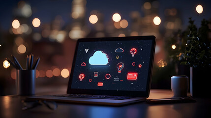 Laptop Displaying Pixel Art Cloud Computing Interface at Night