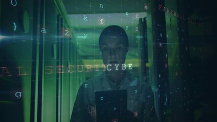 Poster - Person in server room with cybersecurity warning and data overlay animation
