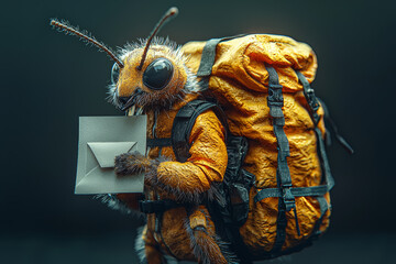 Aufkleber - Ant dressed as postal worker delivering letters mailbag slung over shoulder ensuring timely communication deliveries. Concept of postal services.