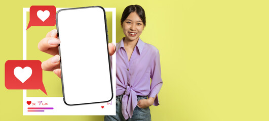 Poster - An influencer stands against a bright yellow background, holding a smartphone with a blank screen, highlighting social media interaction through likes and messages. The setting is lively and modern.