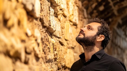 Poster - Thoughtful man observing a historic stone wall while exploring a quiet architectural space : Generative AI