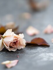 Poster - A delicate rose petal lies on a textured surface surrounded by fallen petals for a serene look : Generative AI