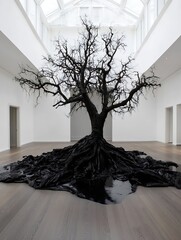 Fototapete - Striking artistic installation of a black tree with twisted roots in a modern gallery setting : Generative AI