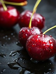Poster - Juicy red cherries with water droplets on a dark surface creating a refreshing summer vibe : Generative AI