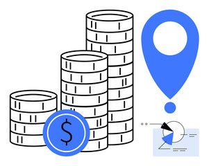 Poster - stacks of coins, money icon, location pin, and chart element indicating financial growth, profitabil