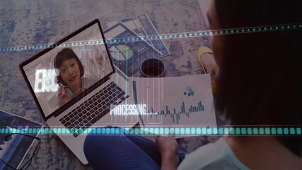 Poster - woman video conferencing on laptop with data processing animation overlay