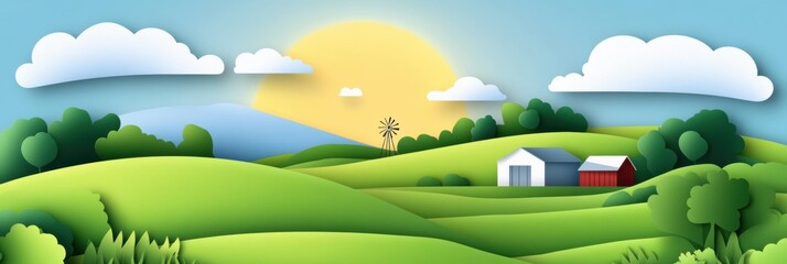 Fototapete - Charming rural landscape in paper cut style featuring rolling green fields, farm structures, and fluffy clouds in a warm countryside setting