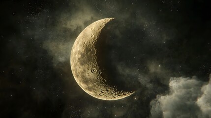 Wall Mural - a crescent moon shines brightly against a backdrop of dark, star-studded space. nebulous clouds drif