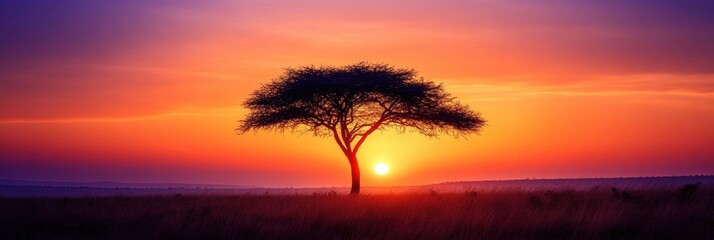 Fototapete - Dramatic sunset over a lone tree in a rural landscape with warm hues blending into twilight