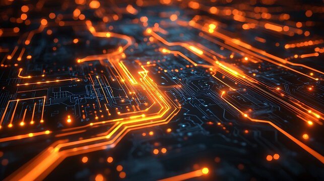 Glowing orange circuit board, technology background.