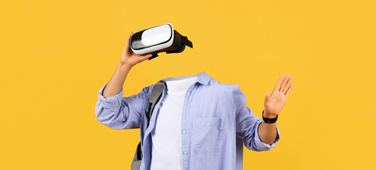 Poster - A user enjoys virtual reality through goggles, fully engaged in an immersive experience. The bright yellow background enhances the modern gadget's appeal, showcasing the technology's allure.
