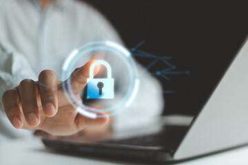 Fototapete - Cyber protection data security internet network privacy technology concept. Digital login password authentication to secure access to business data. Cyberspace connection protect hacker computer crime