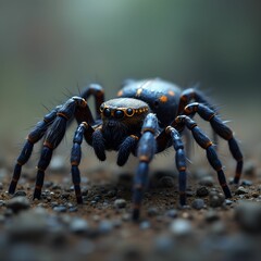 a spider in the center, with a reddish-brown and black pattern on its body. The spider is positioned on a leafy surface, and the background is blurred with shades of brown and green.