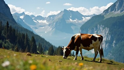 Poster - A cow is grazing on a lush green field with mountains in the background.