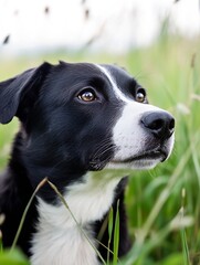 Poster - Charming portrait of a black and white border collie attentively gazing in a grassy field : Generative AI