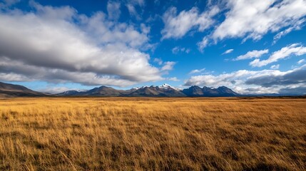 Leinwandbilder - Expansive Landscape of Golden Grass Underneath a Bright Blue Sky with Dramatic Clouds : Generative AI