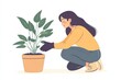 © Tetiana - A woman in casual clothes kneels in her garden repotting a plant She wears gloves and co