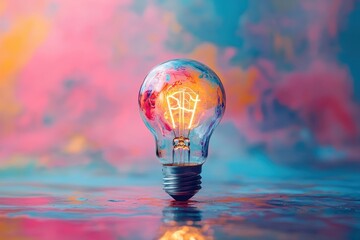Poster - Creative light bulb glowing above a textured blue and orange painted background, showcasing artistic innovation and inspiration in a vibrant display