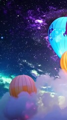 Wall Mural - vertical 9:16 Colorful helium balloons floating into a starlit galaxy, blending fun and cosmic wonder in a vibrant, dreamlike setting