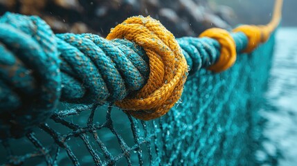 Close-up of teal ropes tied with yellow knots, secured to a net, raindrops visible