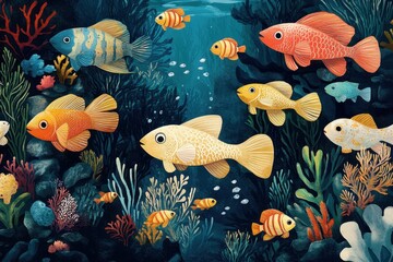 Aufkleber - Colorful fish swim among vibrant corals in a lively underwater ecosystem teeming with aquatic life near a sunlit ocean floor
