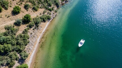 Aufkleber - Aerial view of a serene lake with a small boat gently floating on the water surrounded by lush greenery : Generative AI
