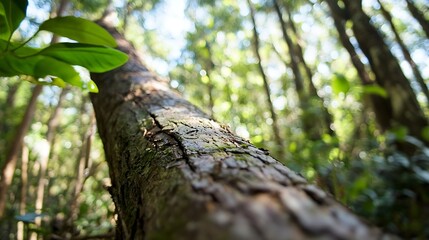 Poster - Close up of a textured tree trunk surrounded by lush green leaves in a vibrant forest setting : Generative AI