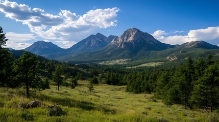 Poster - Breathtaking Mountains Surrounded by Lush Greenery and Clear Blue Skies in a Natural Landscape : Generative AI