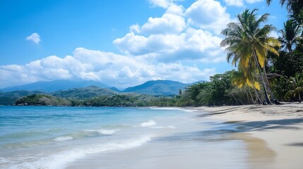 Leinwandbilder - Idyllic tropical beach scene with soft sand palm trees and clear blue water under a sunny sky : Generative AI