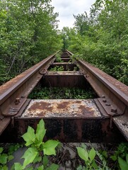 Poster - Rusty train tracks winding through lush overgrown vegetation showcasing nature's reclamation : Generative AI