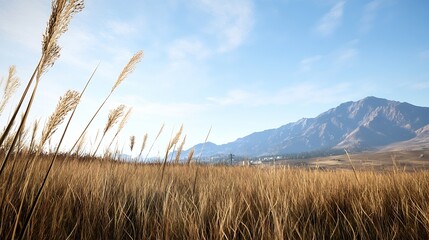 Poster - Serene landscape of golden grass swaying under the blue sky with majestic mountains in the background : Generative AI