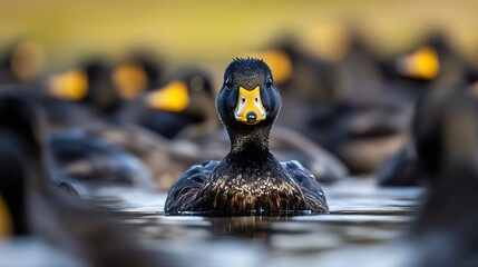 Poster - A striking focused portrait of a duck amidst a group of black ducks on tranquil water : Generative AI