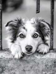 Aufkleber - Adorable dog with striking eyes looking through a fence displaying a sense of longing : Generative AI
