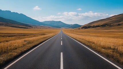 Poster - Scenic empty road stretching through a golden grassland landscape with mountains in the distance and a bright blue sky : Generative AI