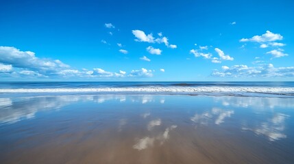 Poster - Stunning View of a Sandy Beach with Clear Reflection of Clouds and Ocean Waves Under a Bright Blue Sky : Generative AI