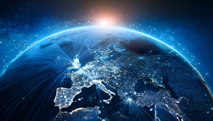 Poster - Earth city lights over Europe sunrise horizon space view connectivity global network scene. Generative AI.