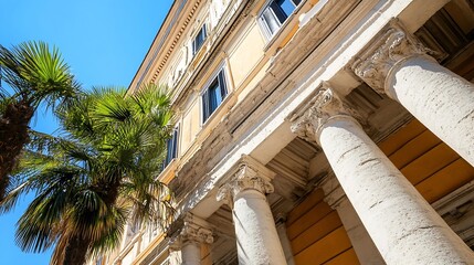 Poster - Historical building with palm trees and classic architecture under blue sky : Generative AI